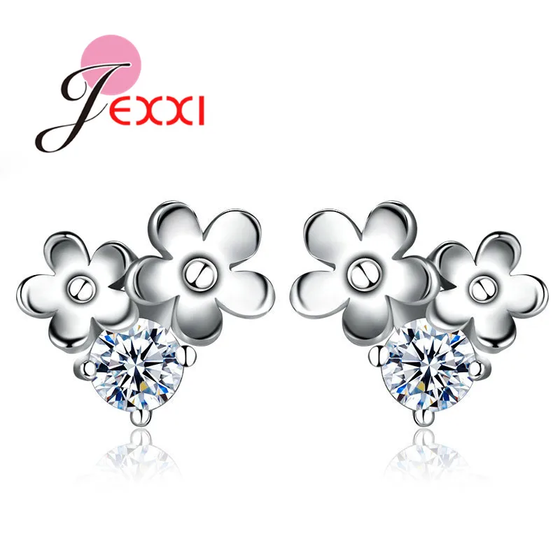 

925 Sterling Silver Flower Cubic Zirconia Crystal Stud Earrings for Women Piercing Brincos Bijoux Bride Wedding Jewelry