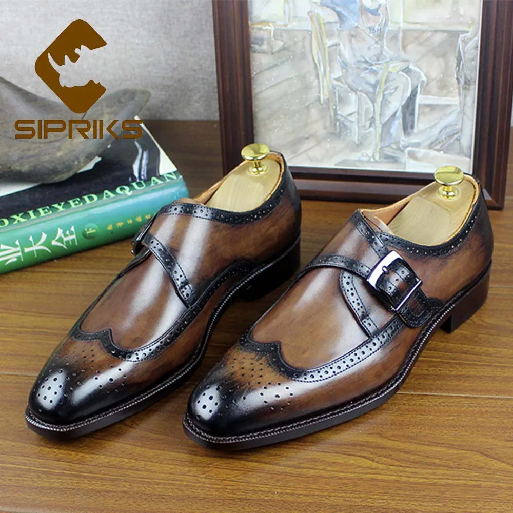 

Sipriks Luxury Goodyear Welted Shoes Boss Mens Business Office Shoes Retro Carved Wing Tip Dress Patina Calf Gents Social Shoes