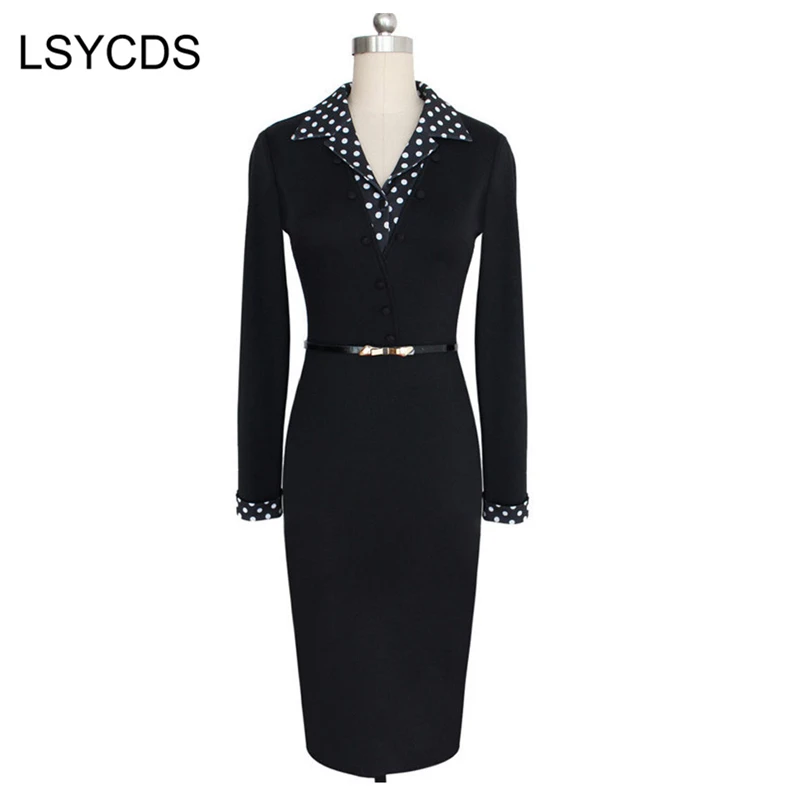 Женское офисное платье в горошек элегантное облегающее черное карандаш с