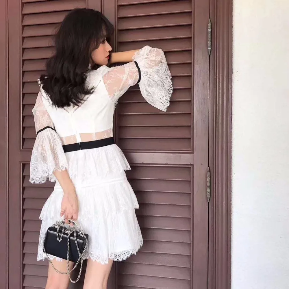 Runway Self Portrait White Lace Women Party Dress 2018 Autumn Patchwork Hollow Out Flare Sleeve Ruffles Slim Holiday | Женская одежда