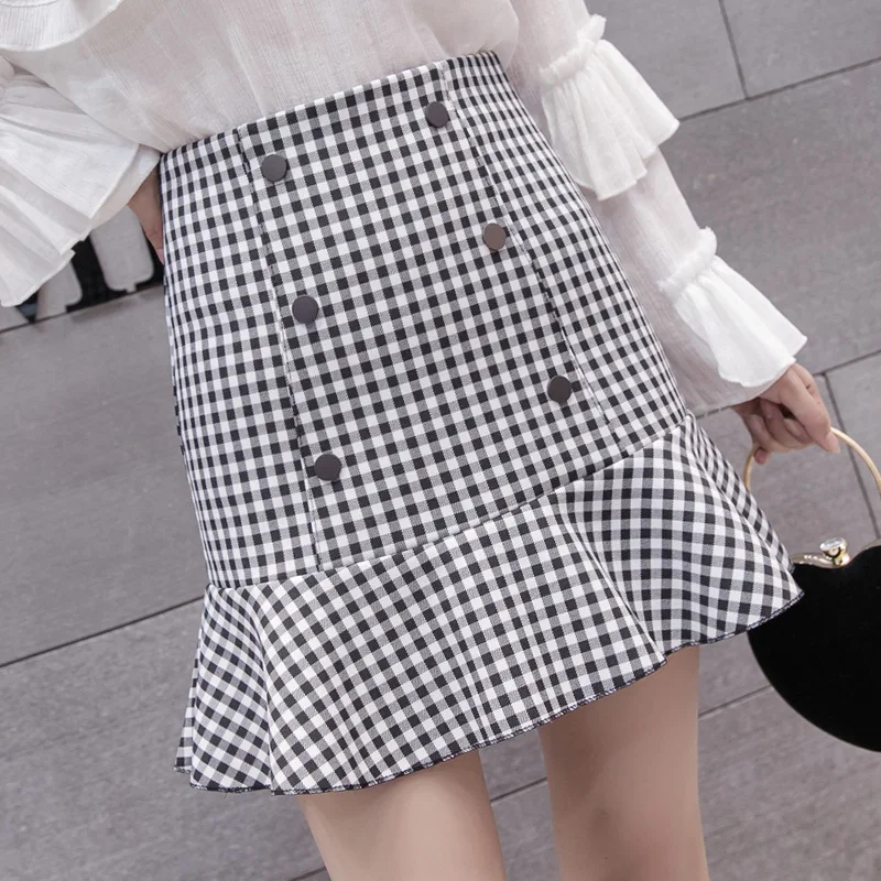

Brand RUBU spring summer high waisted mermaid woman's skirt slim plaid skirt A-line double breasted tail bag hip fashion skirt