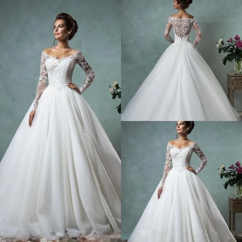 

Popular Wedding Dress Zipper Back Button Bridal Ball Gown Off the Shoulder Tulle ZAHY Vestido De Noiva Full Sleeve Marriage Gown