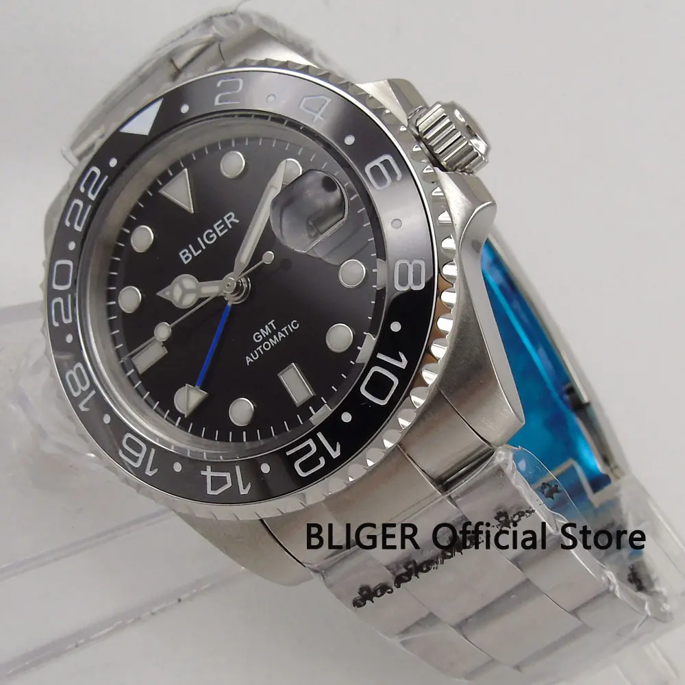 BLIGER 40 мм черный циферблат Керамика ободок GMT Функция Дата Лупа световой