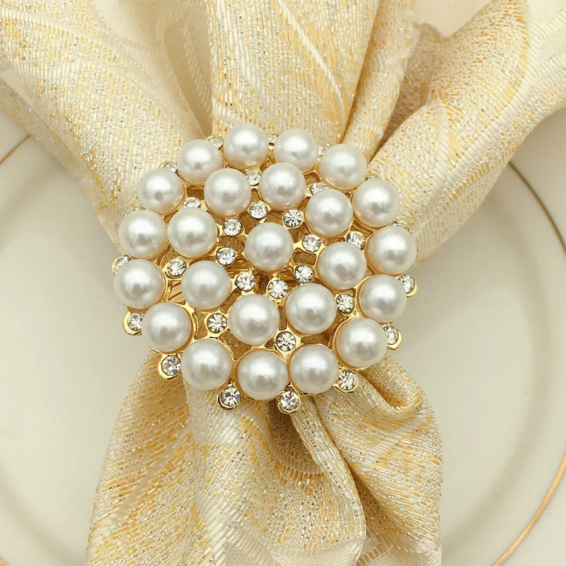 

6pcs/lot Pearls Beaded Flower Napkin Rings Gold Christening Bangle Metal Napkin Holders Decorations Baptismal Table Decor