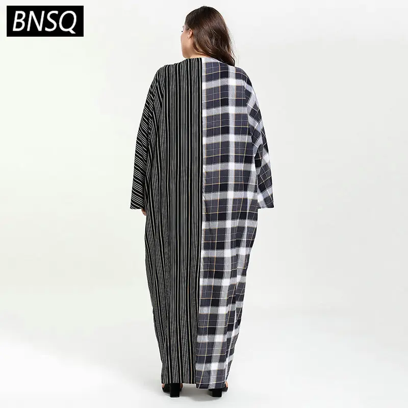 BNSQ Плюс Размер Свободное прямое длинное платье для женщин в полоску клетчатое