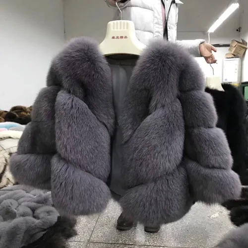 Light gray FURSARCAR новая куртка из натурального меха женская зимняя шуба из лисьего меха Роскошная теплая Модная саржевая дизайнерская короткая подлинный натуральных мех куртка - Цвет: Light gray