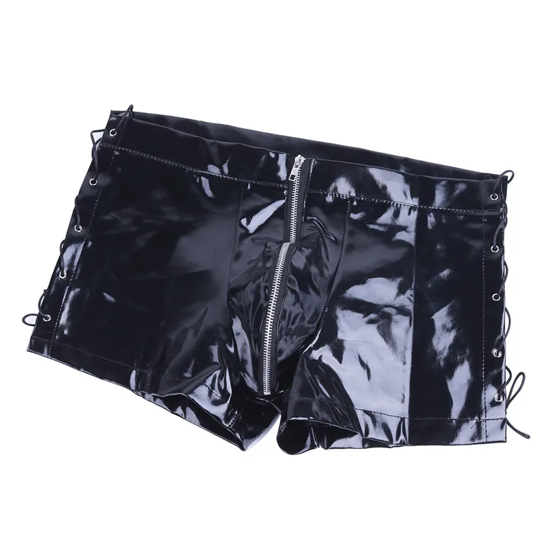 Men PVC Leather Boxer Underwear High Quality Wet Look Zipper Front Lace Up Underpants Leather Latex Boxer Shorts Underwear M-XXL