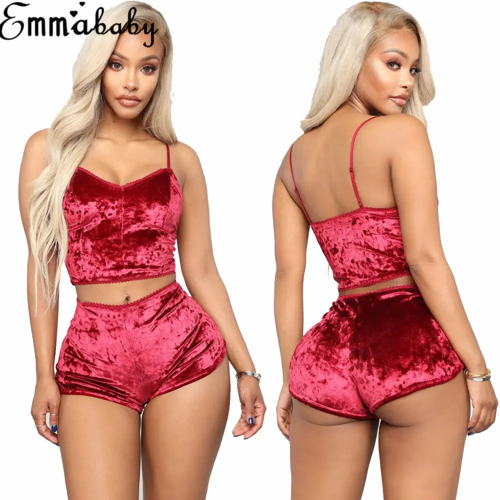 Rose Red Женское нижнее белье сексуальное нижнее белье без рукавов пижамы бархатный топ и шорты наборы - Цвет: Rose Red