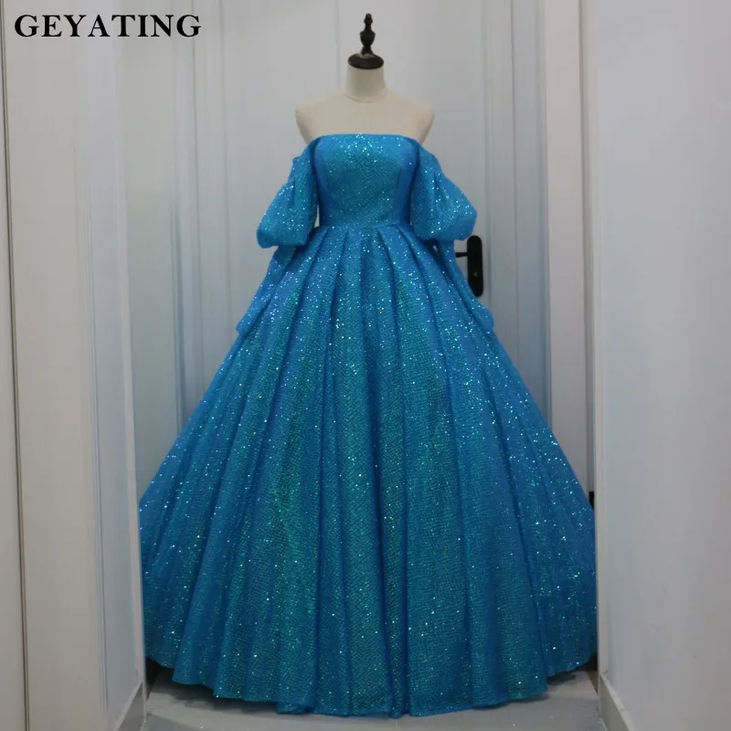 Синий Роскошные Синие Бальные платья Золушки с блестками Vestido de 15 anos, бальное платье с открытыми плечами, милое 16 платье с пышными рукавами - Цвет: Синий