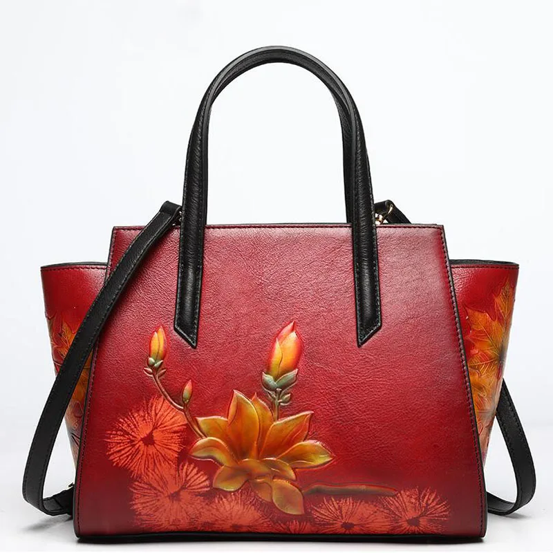 Women Genuine Leather bag new high-end Chinese style embossed handbag Shoulder bag Messenger bag Designer bag - Цвет: Red