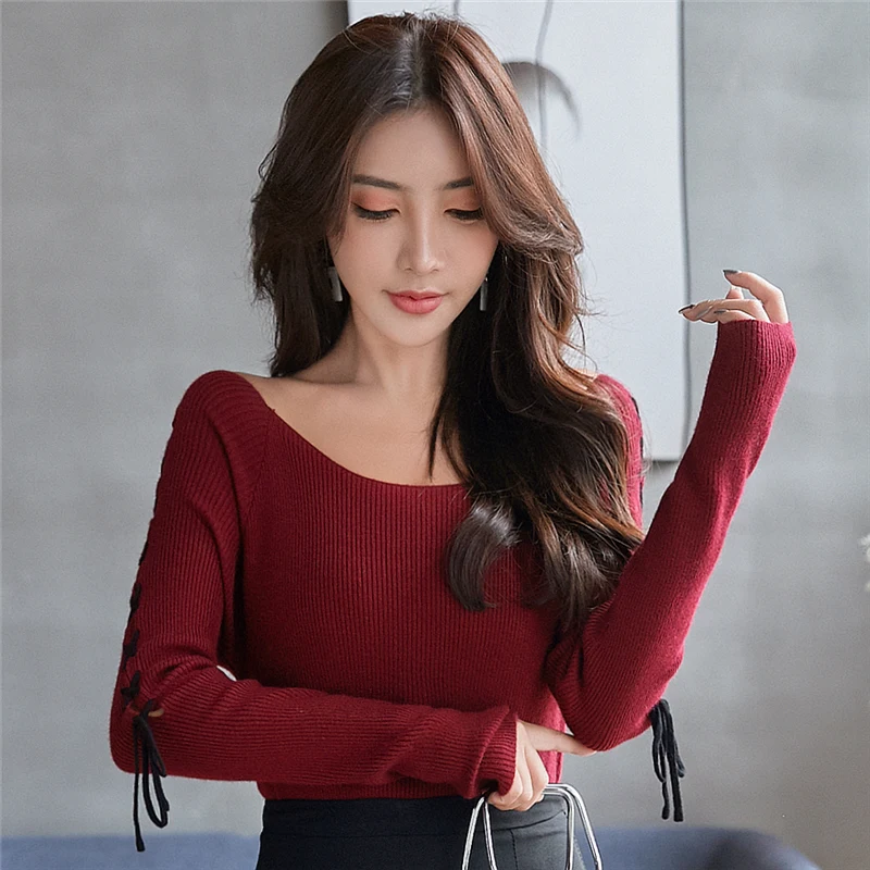 Женский сексуальный свитер с вырезом лодочкой облегающий красный в Корейском