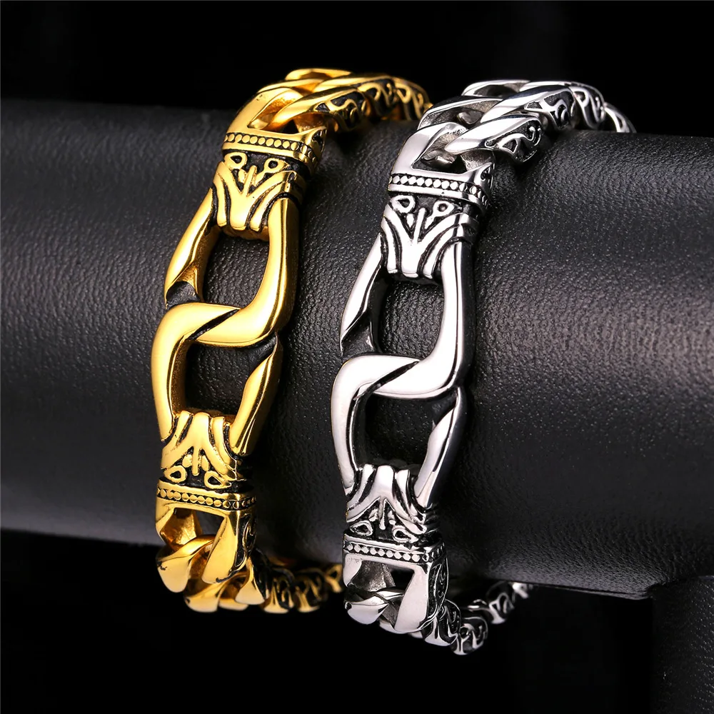 U7 New Hot Mens Bracelets 22CM With Foldover Clasp Stainless Steel Gold Color Punk Chain Bracelet Men Jewelry Wholesale H879 | Украшения и