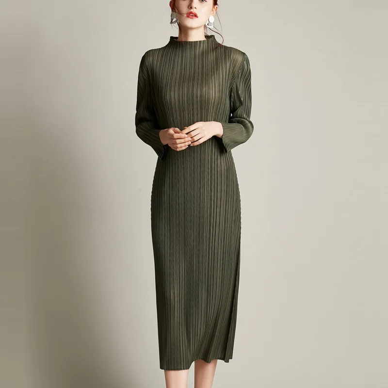 Женское плиссированное платье LANMREM Повседневное с высоким воротом и длинным
