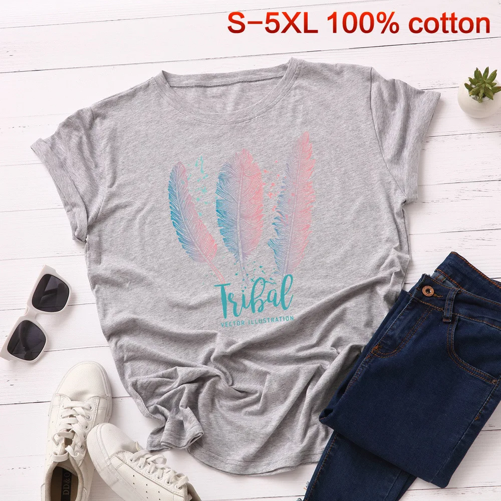 Light grey Женские футболки 3XL 4XL 5XL размера плюс, хлопковая Футболка с принтом перьев, топы с коротким рукавом, Корейская Футболка Harajuku, футболки - Цвет: Light grey