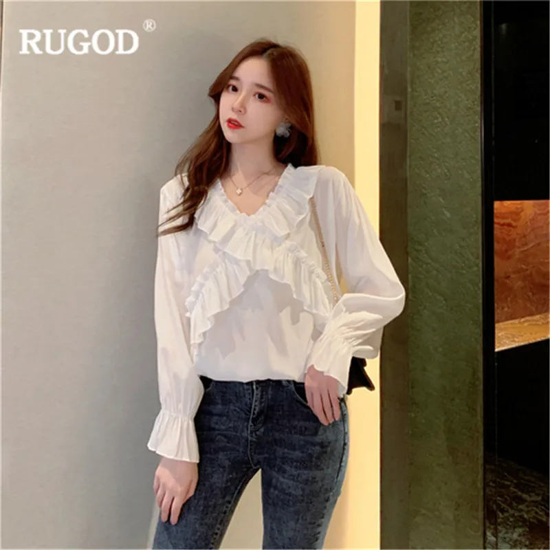 Женская блузка с длинным рукавом RUGOD белая свободного кроя v образным вырезом и