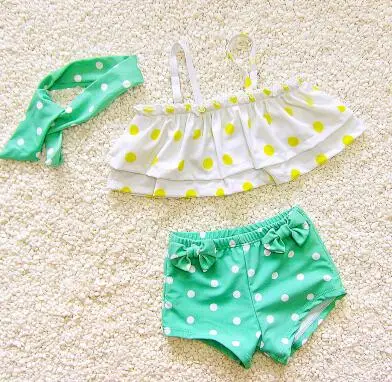 9105 green 3 pcs Girl Swimsuit Two Pieces Children's Swimwear Swim Suits Children Split Bikini Sets Bathing Suit Biquini Infantil - Цвет: 9105 green
