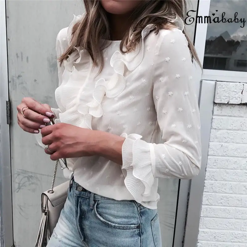 2018 Newly Sweet Women Ladies Fashion Casual T-Shirts Tops Ruffles Long Sleeve Floral White Solid Size S/M/L/XL | Женская одежда