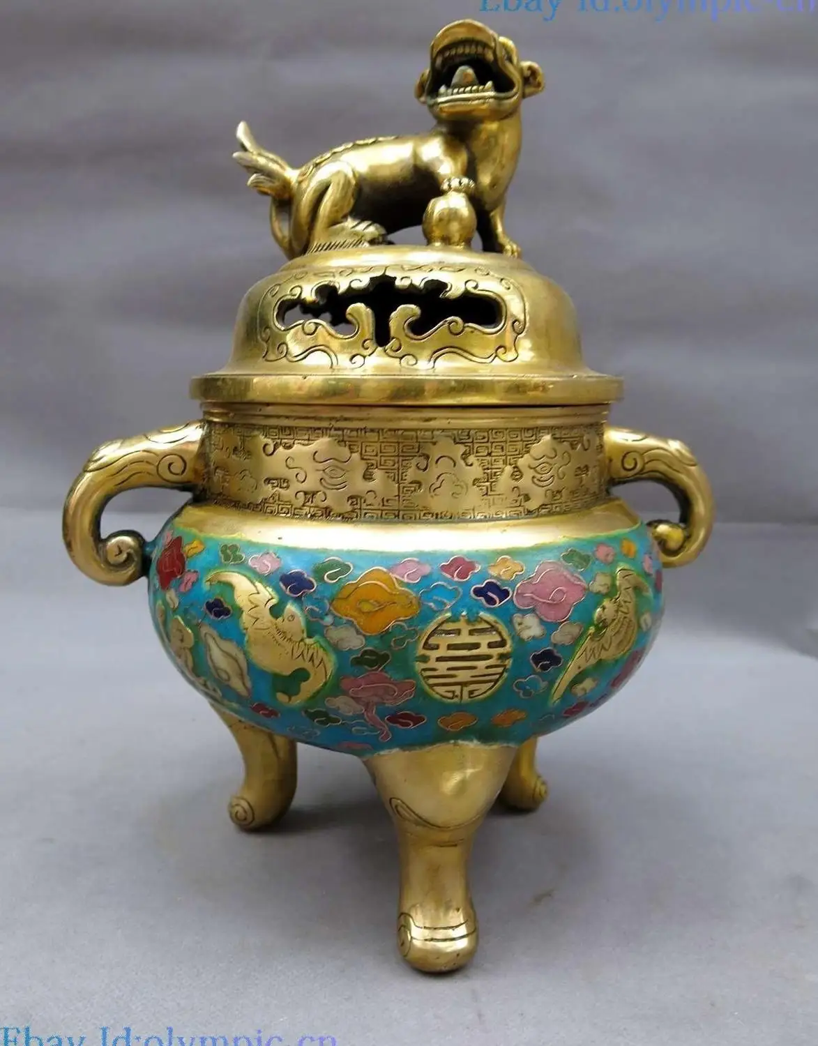 

10" China bronze gild Cloisonne censer bat Foo Dogs Lion incense burner Statue