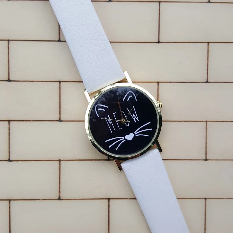 Милые часы с котом новинка 2016 кожаным ремешком в форме мордочки кошки женские