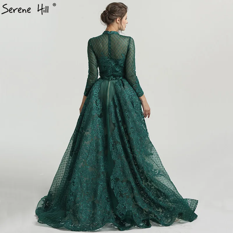 Зеленое с длинным рукавом и высоким воротником вечерние платья 2021 Аппликации
