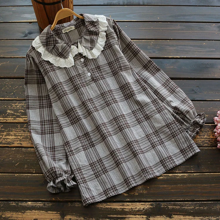 Лолита Кружева Питер Пэн воротник клетчатая рубашка с длинными рукавами женская