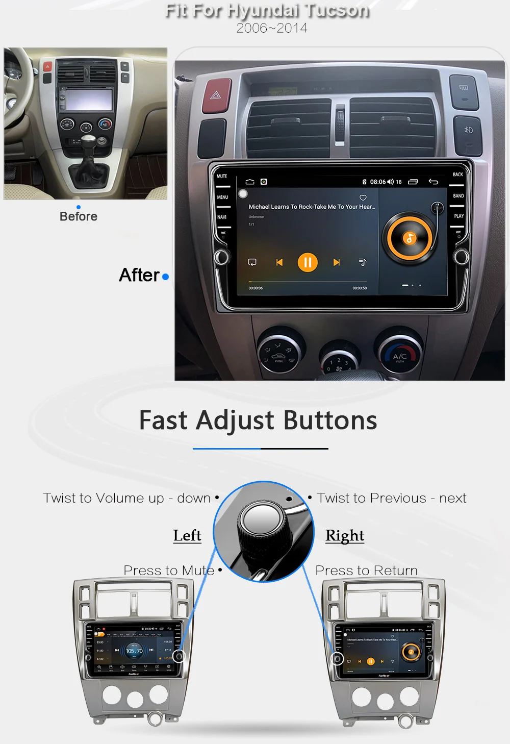 Funrover 8 ядер Android 8.1 2 din автомагнитола автомагнитолы головного устройства для Hyundai Tucson левой руки вождения 2006-2013 dvd плеер gps навигатор 4G RAM+64G ROM автомагнитола