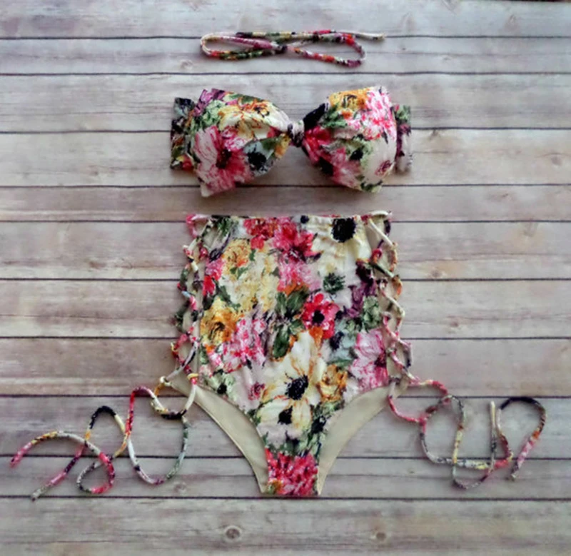 Высокая Талия Бикини Большой Бант Набор Печатных Купальники Холтер Сексуальное