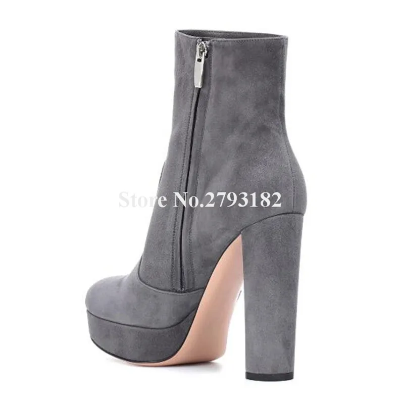 Brand Fashion Round Toe Suede Leather High Platform Chunky Heel Short Boots Side Zipper-up Grey Black Thick Ankle Boot | Обувь