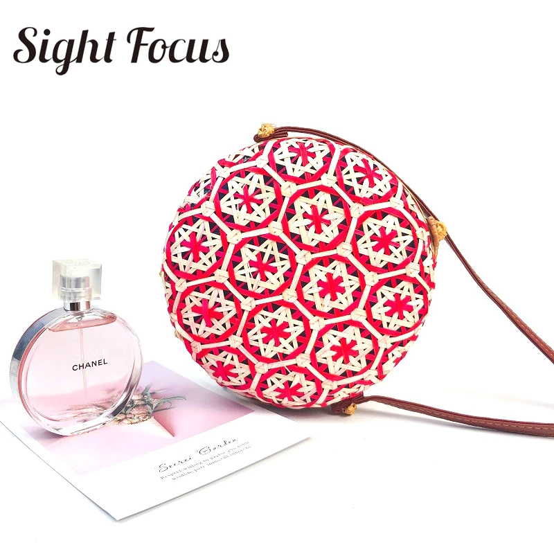 Круглая соломенная сумка из ротанга Sight Focus ручная работа Бамбуковая Боковая