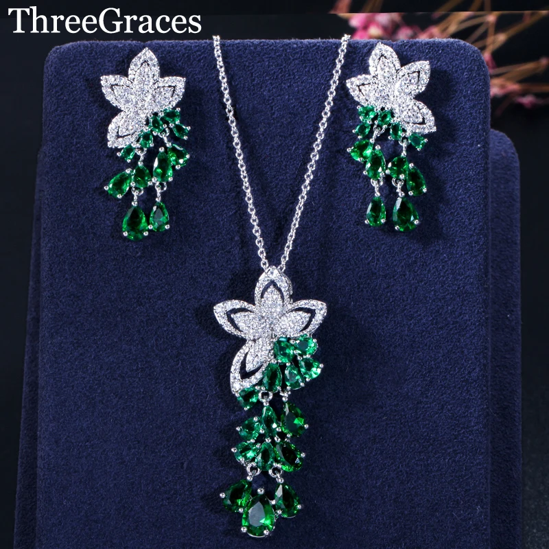 ThreeGraces модный зеленый кубический цирконий цветок лист изысканный кулон ожерелье