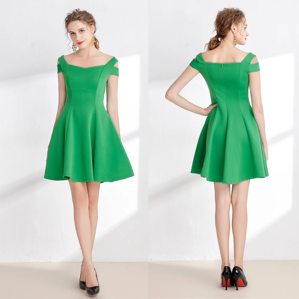 

B0051 New Green Jade Short Above Knee Ruched Cap Sleeves Square Collar Prom Ball Girl Gown Mini Women Formal Dresses Green