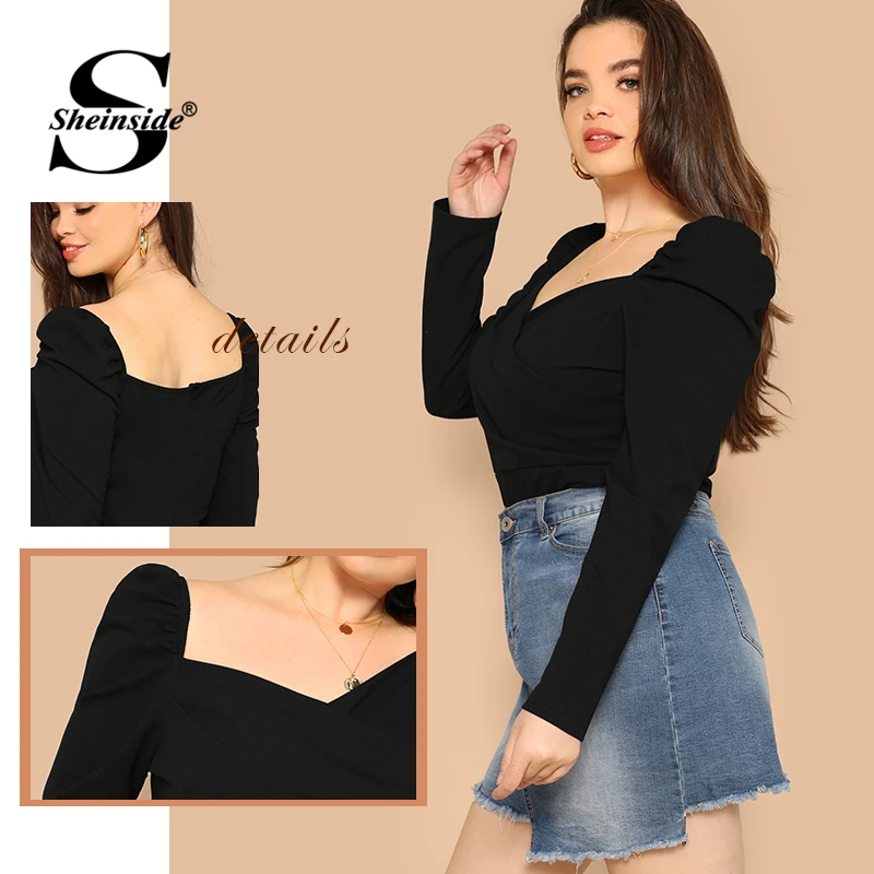 Sheinside размера плюс элегантные черные блузки для женщин с пышными рукавами облегающий милый топ Женская блузка с длинным рукавом Женские топы