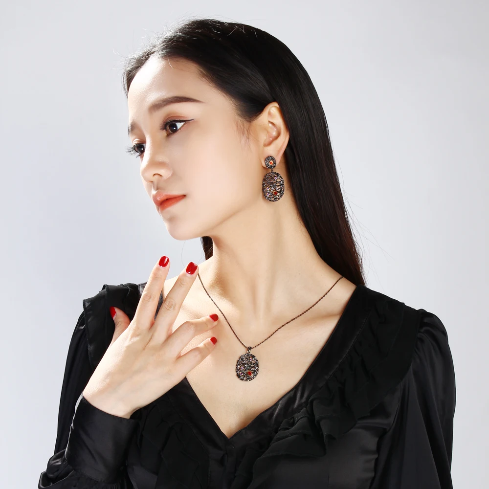 DreamCarnival1989 Neo-Gothic Long Necklace for Women Big Oval Hollow Egg Pendant Red Purple CZ Collier Bijoux Black Gold Color