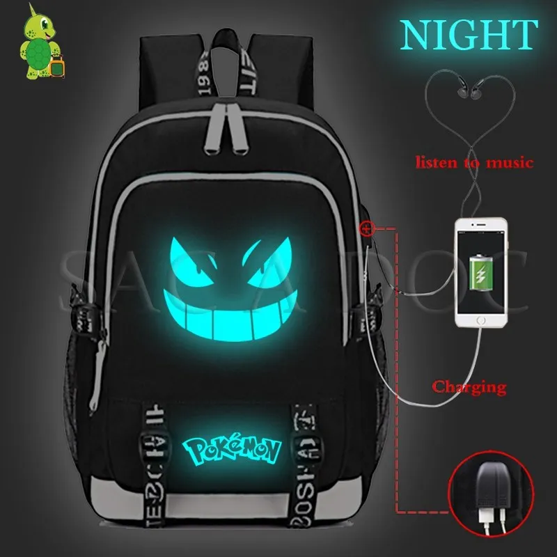 3luminous Рюкзак для ноутбука Pokemon Pikachu с usb-зарядкой для подростков, девочек, мальчиков, Gengar Eevee, школьные сумки, многофункциональные повседневные дорожные сумки - Цвет: 3luminous