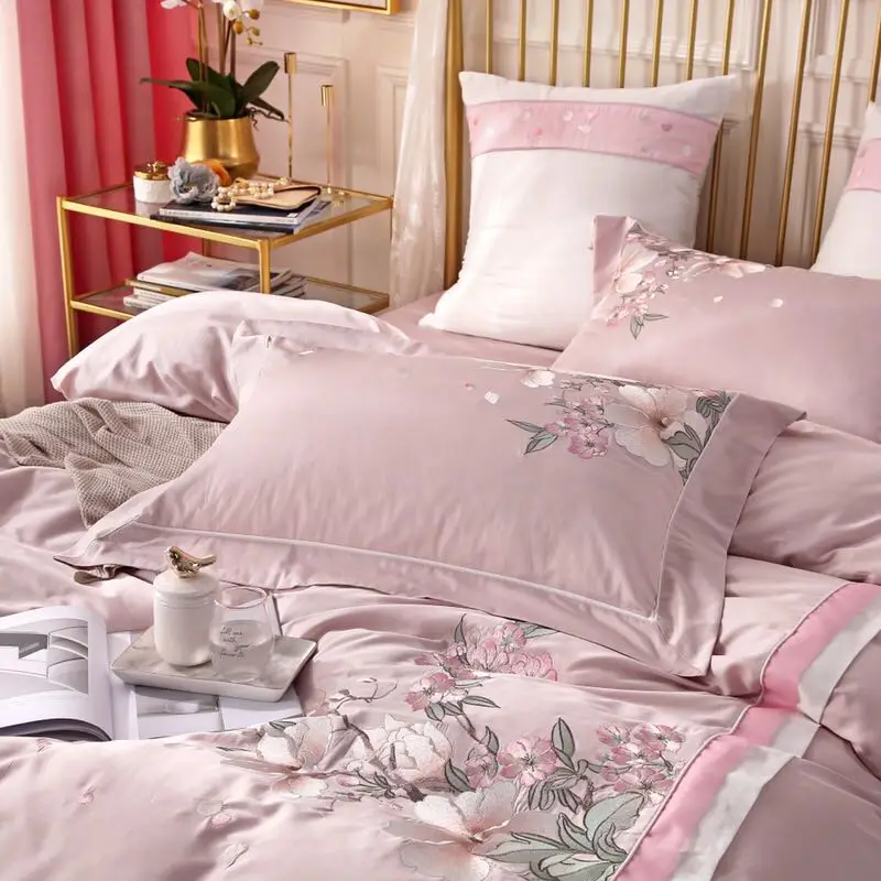 Новый классический стиль Роскошный розовый цветок вышивка 60S Египетский хлопок