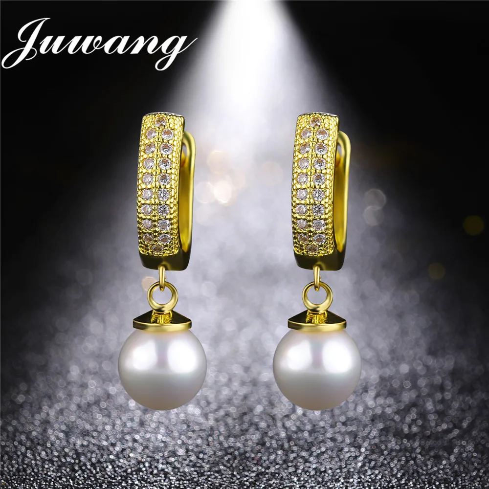 

JUWANG 2018 New Imitation Pearl CZ Drop Earrings for Women Fashion Long Crystal Wedding Gold Sliver Color Jewelry Gift Brincos