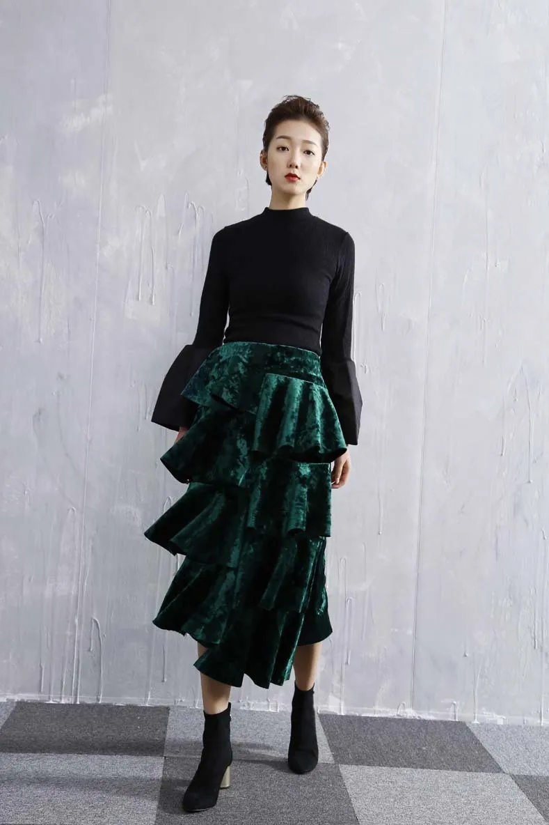 ASYMSAY Europe Lotus Leaf Asymmetry Shiny Fabric Velvet Skirt For Women Back Split Elastic High Waist Skirts Female AC2122