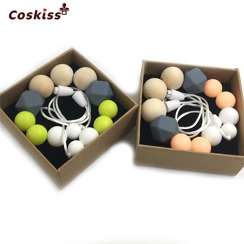 Collar de dentici&oacute;n para beb&eacute;, mordedor de silicona de grado alimenticio, cuentas de madera, seguro para la Naturaleza, collar org&aacute;nico para beb&eacute;, 2 uds.-0