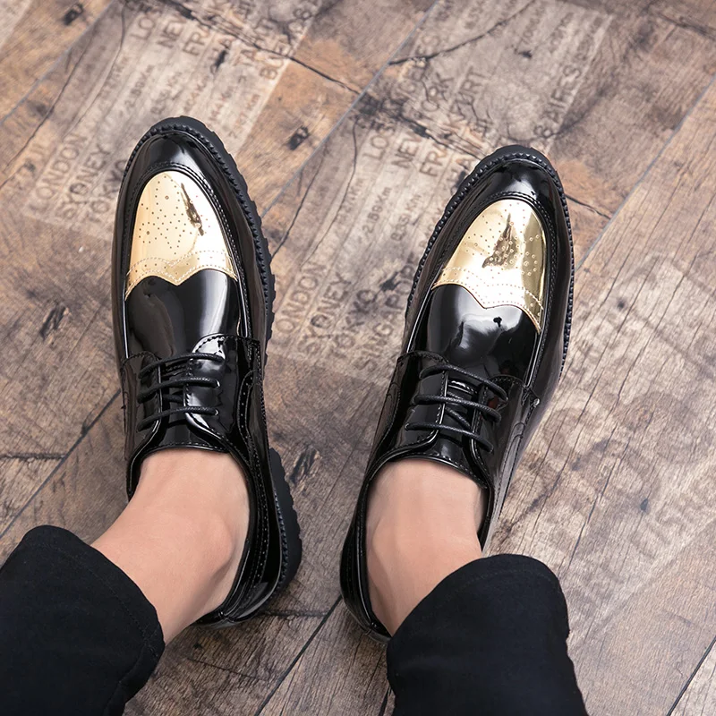 Italy Fashion Patent Leather Oxford Shoes For Men Dress Formal Pointed Toe Business Wedding Gold Zapatos Hombre | Обувь