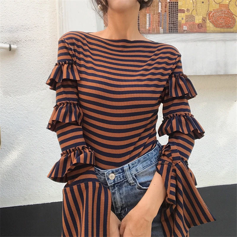 Rugod оборками с длинным рукавом Для женщин полосатая блузка слэш-образным вырезом