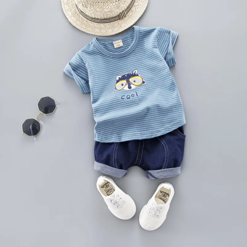 JIOROMY 2019 Children's Garment Short Sleeve Suit Stripe Cartoon Twinset Male Girl Children |