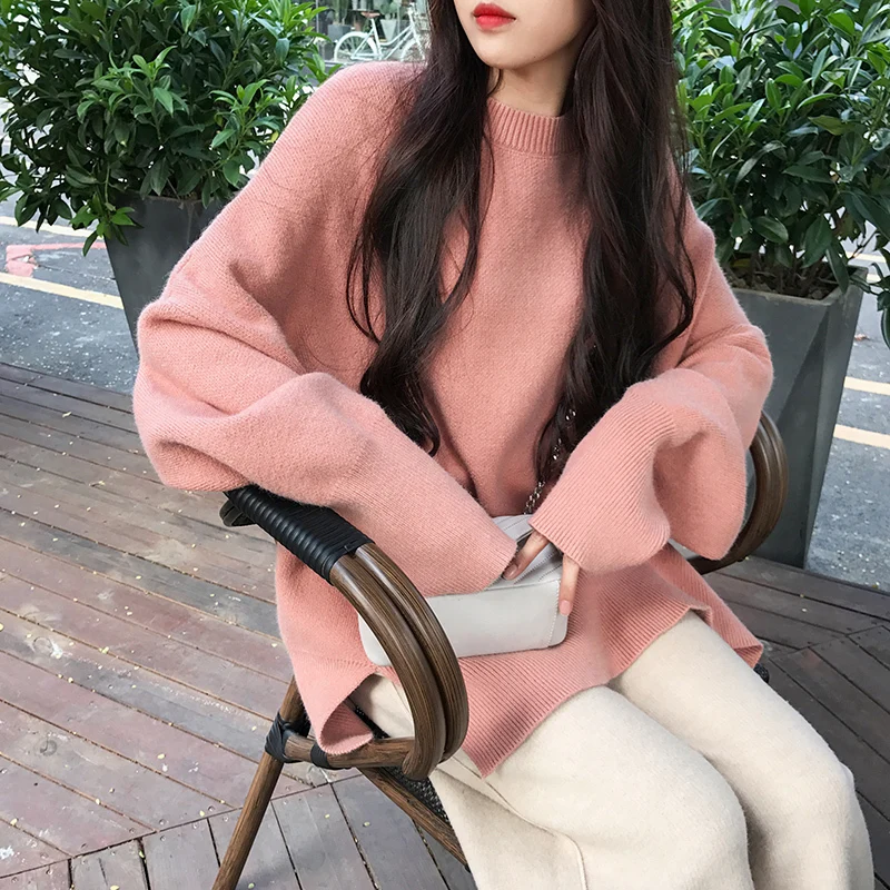 

In 2020 Hong Kong wind loose relaxed lazy round neck long sleeve pullover women's autumn and winter sweaters