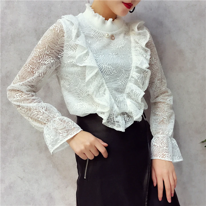 ALPHALMODA V-Ruffled стоячий воротник, украшенный бисером, женские изящные футболки с вырезами на крючках, цветы, однотонные женские пуловеры, футболки