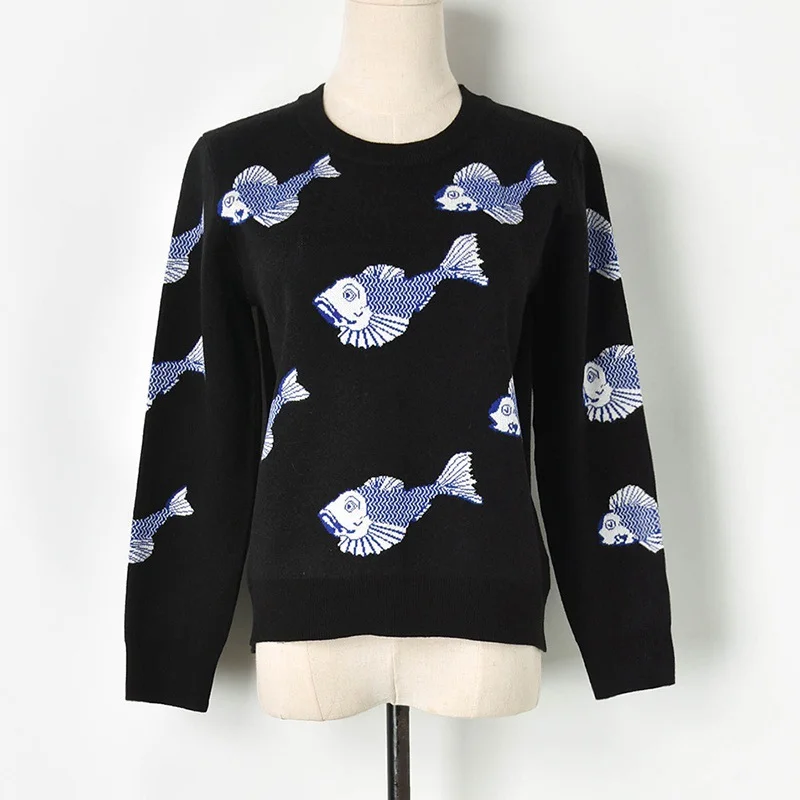 New Sweet Knitted Fishes Jacquard Sweaters Women 2019 Autumn High Street Warm Ladies Pullovers Party Elegant Jumpers Fashion Top | Женская