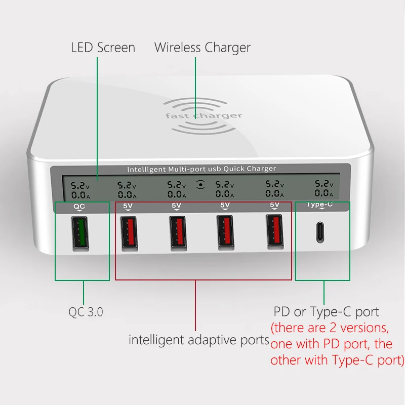 Multi-port Charging Station Hub 10W Qi Fast Charger Wireless LED Screen Smart USB Port Quick Charge 3.0 Type C PD | Мобильные