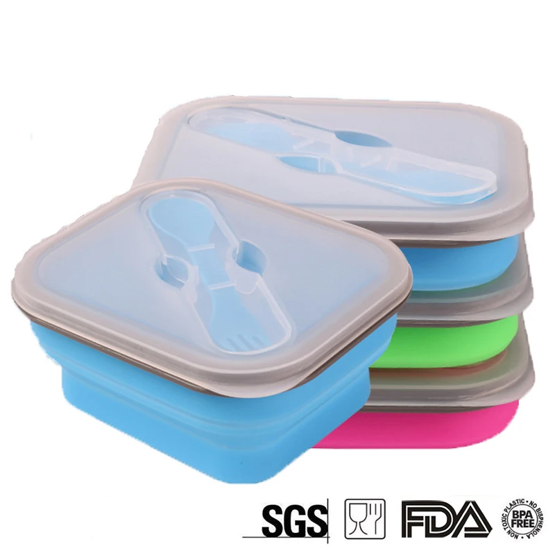 

Silicone Eco-Friendly Lunchbox Healthy Folding Lunch Box 600ml Bento Boxes Food Container Dinnerware Lunchbox Cutlery With fork