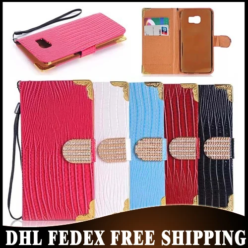 100pcs/lot For Samsung Galaxy S6 Edge Book Style Bling Diamond Lizard Leather Case With 2 Card Slots Free Shipping|case for iphone 4 3d|case