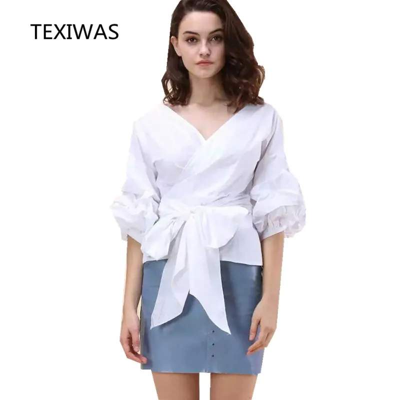 Женская блузка с рукавами пузырьками TEXIWAS Сексуальная рубашка v образным вырезом