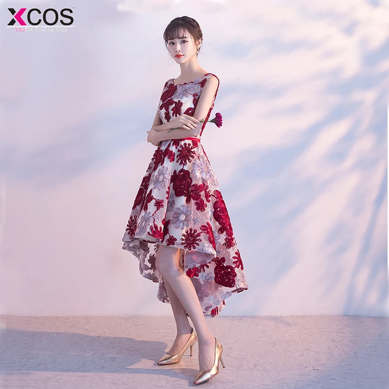 2018 коктейльных платьев бордового цвета с цветочным принтом Высокая Низкая