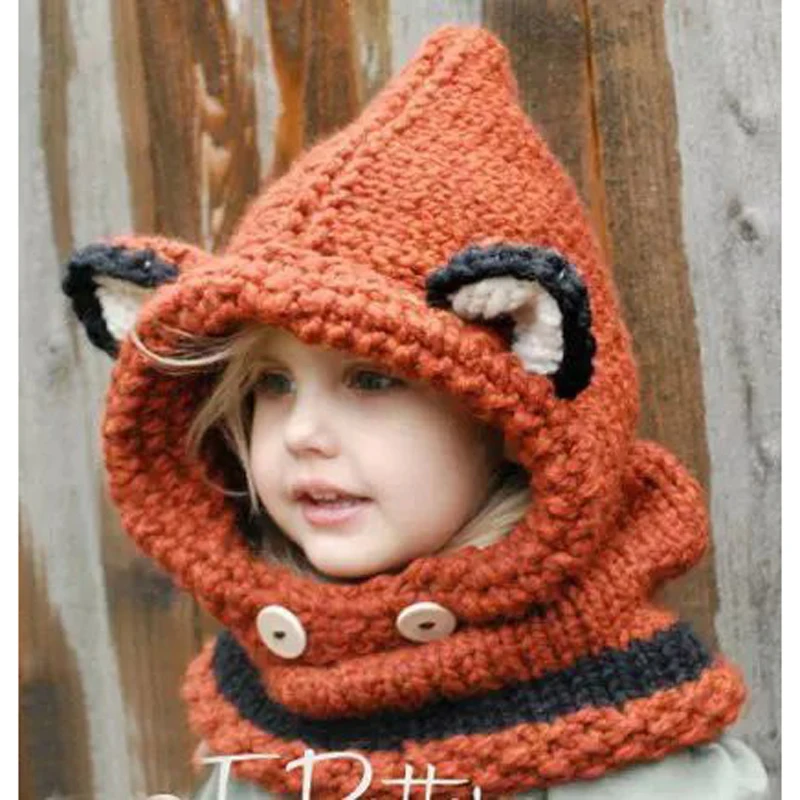 Зимние новые детские вязаные шапки и шаль из мультфильма лиса для девочек